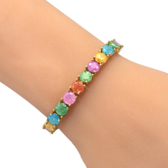 Rainbow Simulated Opal and Chalcedony 18K Gold Plated Tennis Bracelet 7 1/4" - Picture 2 of 4